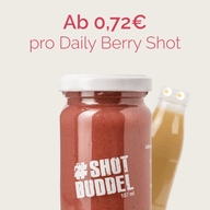 DAILY BERRY SHOTS: Preisgrafik ab 0,72 Euro pro Shot, Glas und zwei kleine Flaschen