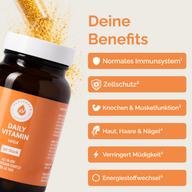DAILY MULTIVITAMIN KAPSELN: Grafik der Dose mit Benefit-Hinweisen