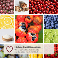 ENERGIE GUARANA SHOTS: Zutatenbild mit Guarana, Beeren, Mango und Limette