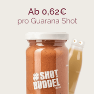 ENERGIE GUARANA SHOTS: Preisgrafik ab 0,62 Euro pro Shot, Glas und zwei kleine Flaschen