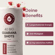 ENERGIE GUARANA SHOTS: Grafik der Dose mit Benefit-Hinweisen zu Energie und Koffein