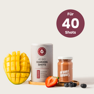 ENERGIE GUARANA SHOTS: Dose und Shotglas mit Mango und Beeren, Hinweis auf 40 Shots