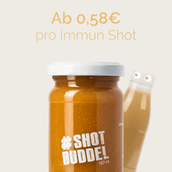 IMMUN SHOTS: Preisgrafik ab 0,58 Euro pro Shot, Glas und zwei kleine Flaschen