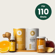 IMMUN SET: Dosen, Shotglas und Pipettenflasche mit Orange und Ingwer, Hinweis auf 110 Shots