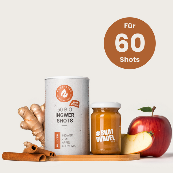INGWER ZIMT SHOTS: Dose und Shotglas mit Zimtstangen, Apfel und Ingwer, Hinweis auf 60 Shots