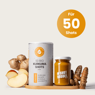 KURKUMA SHOTS: Dose und Shotglas mit Kurkuma und Ingwer, Hinweis auf 50 Shots