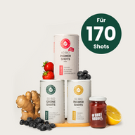 STARTERSET: Drei Dosen und ein rotes Shotglas mit Ingwer und Orange, Hinweis auf 170 Shots