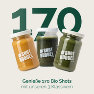 BESTSELLER KENNENLERNSET: Grafik, 170 Bio Shots, drei Gläser