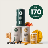 BESTSELLER KENNENLERNSET: Drei Dosen und ein Shotglas mit Mango und Ingwer, Hinweis auf 170 Shots