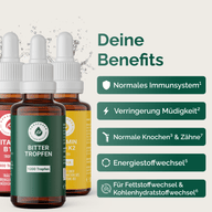 KENNENLERNSET - VITAMINE & BITTERTROPFEN: Grafik der drei Flaschen mit Benefit-Hinweisen