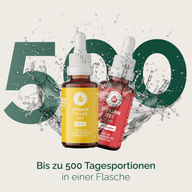 KENNENLERNSET VITAMINTROPFEN: Grafik, bis zu 500 Tagesportionen, beide Flaschen mit Spritzern