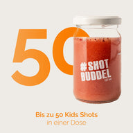 DAILY KIDS SHOTS: Grafik, bis zu 50 Kids Shots in einer Dose, Glas mit rotem Pulver