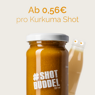 KURKUMA SHOTS: Preisgrafik ab 0,56 Euro pro Shot, Glas und zwei kleine Flaschen