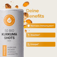 KURKUMA SHOTS: Grafik der Dose mit Benefit-Hinweisen