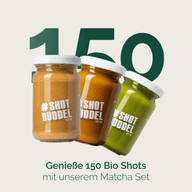 MATCHA MORNING-SET: Grafik, 150 Bio Shots, zwei Gläser mit Matcha und Ingwer