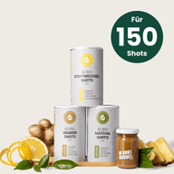 MATCHA MORNING-SET: Dosen und Shotglas mit Ingwer und Zitrone, Hinweis auf 150 Shots