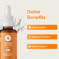 VITAMINTROPFEN D3K2 KIDS: Grafik der Flasche mit Benefit-Hinweisen