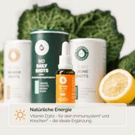 VITAMINTROPFEN D3K2 KIDS: Flasche vor Kids- und Daily-Dosen mit Zitrone